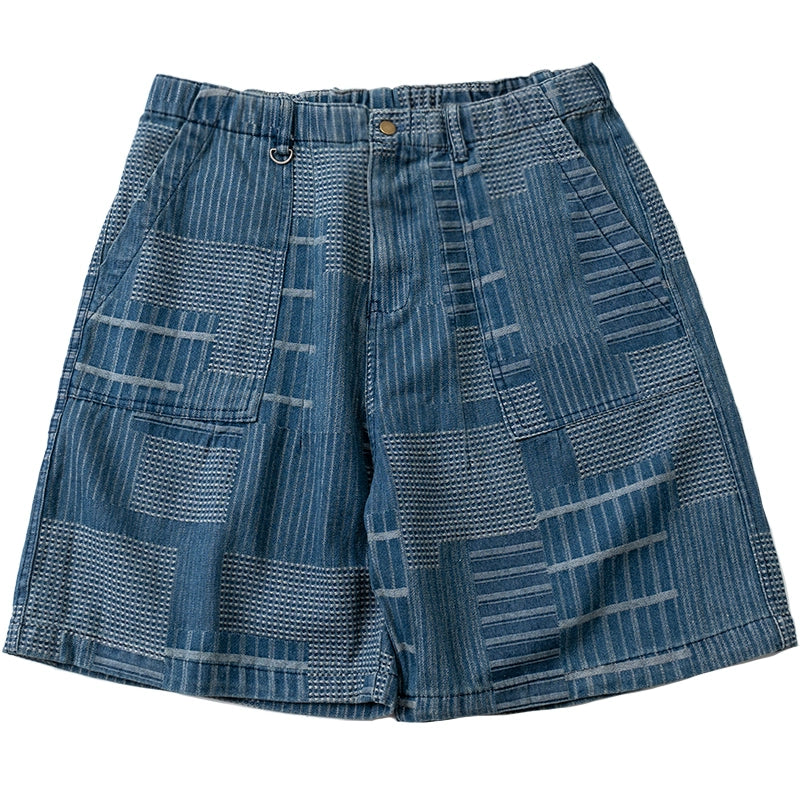 Summer menswear Japanese retro loose fit washed denim patchwork cargo shorts men's pants denim cropped pants men