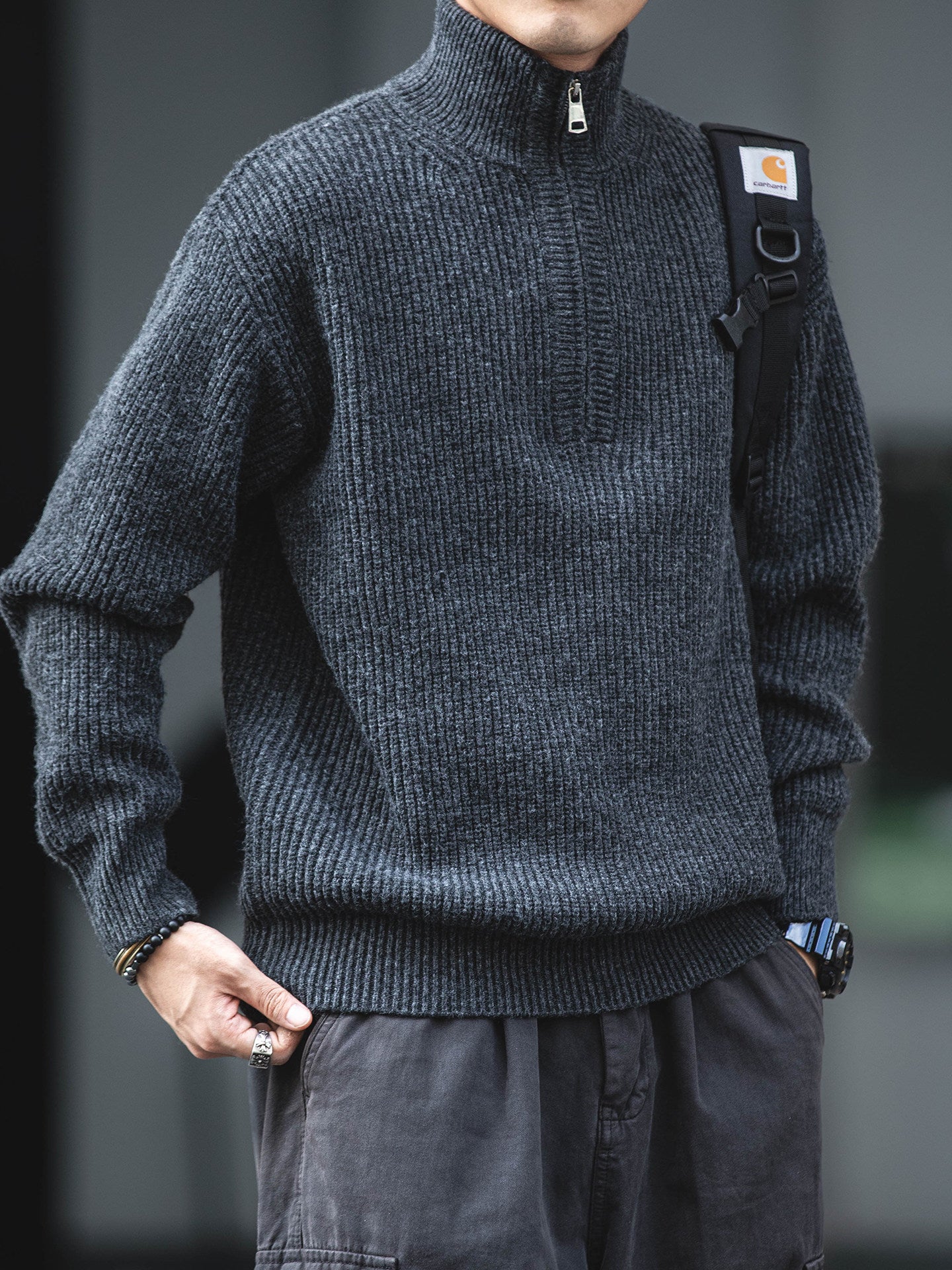 American Vintage Half-Zip Stand Collar Knit Pullover Sweater – Loose Unisex Autumn Winter – Japanese vintage | yamalin clothes | Yamalinclothes
