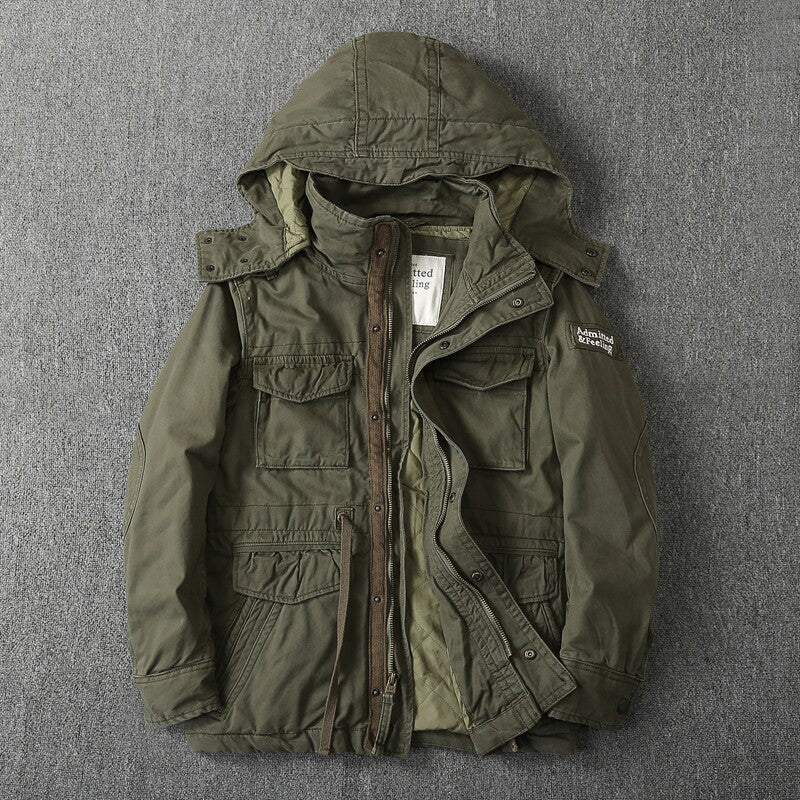Heavy Distressed Hooded Camouflage Cargo Jacket – Oversized Cotton Outdoor Coat