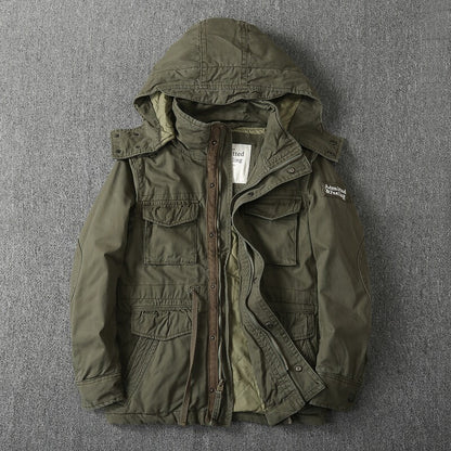Heavy Distressed Hooded Camouflage Cargo Jacket – Oversized Cotton Outdoor Coat