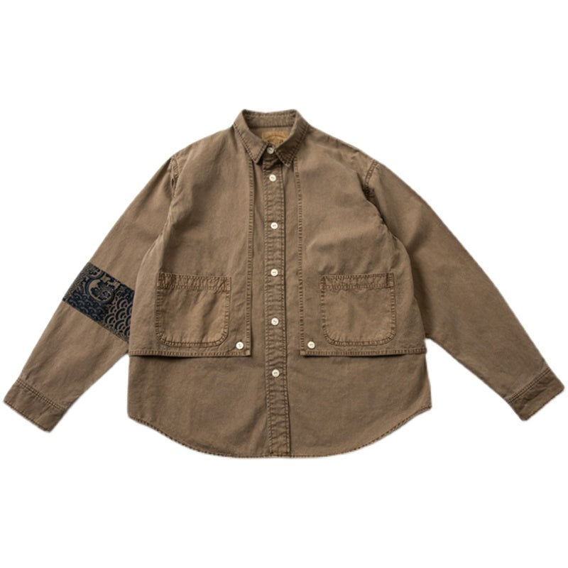 Fake two-piece ethnic style elbow splicing long-sleeved shirt coat for men