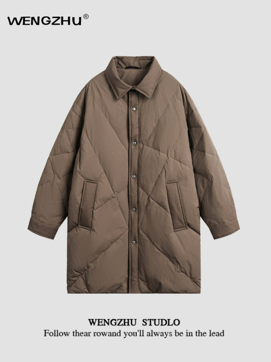 "Designer Brand" Unisex Diamond Plaid Lapel Down Jacket Mid-length Jacket Trendy