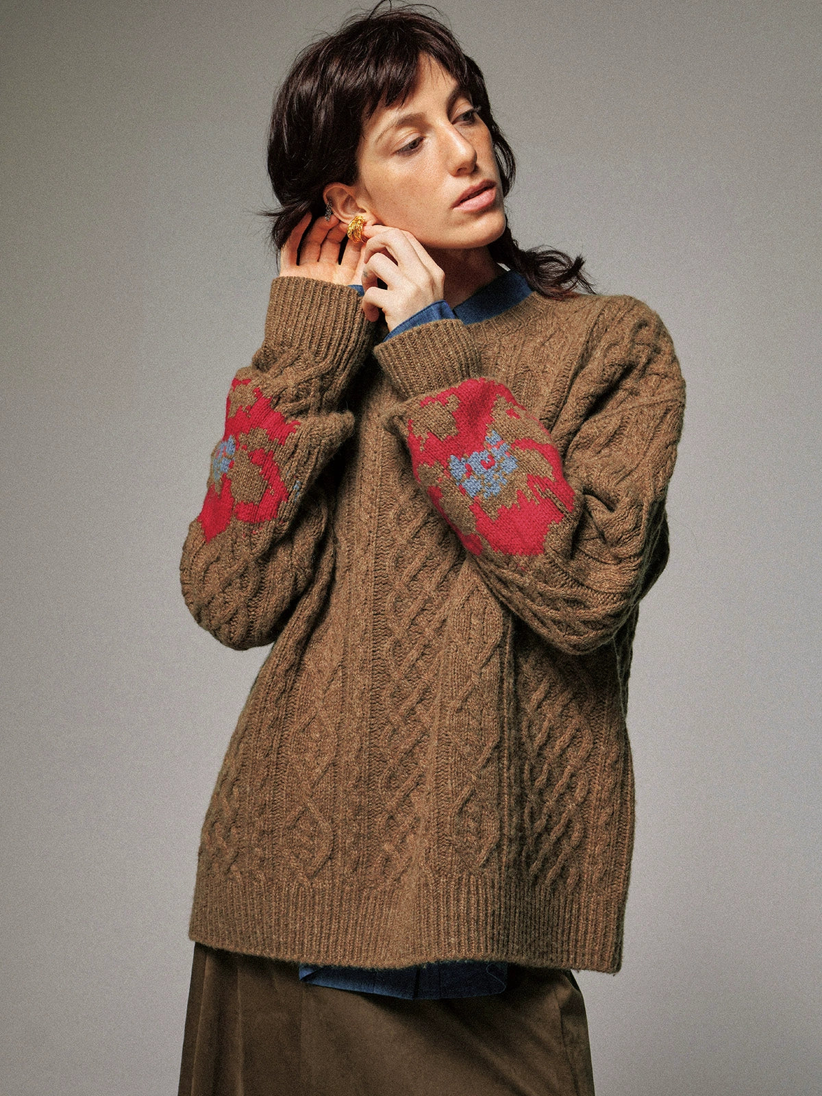 100 Wool Vintage Cable Intarsia Fisherman Sweater