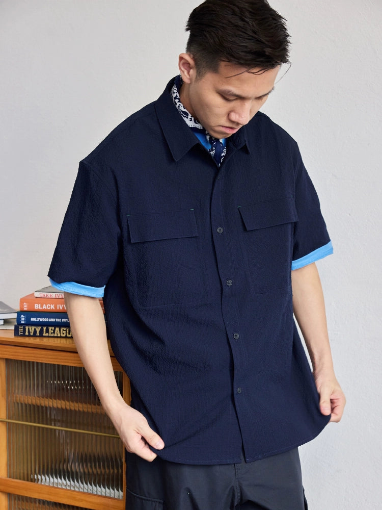 SEERSUCKER POCKET CARGO SHORT SLEEVE SHIRT MEN'S SUMMER 2024 NEW TREND THIN SHIRT TIDE