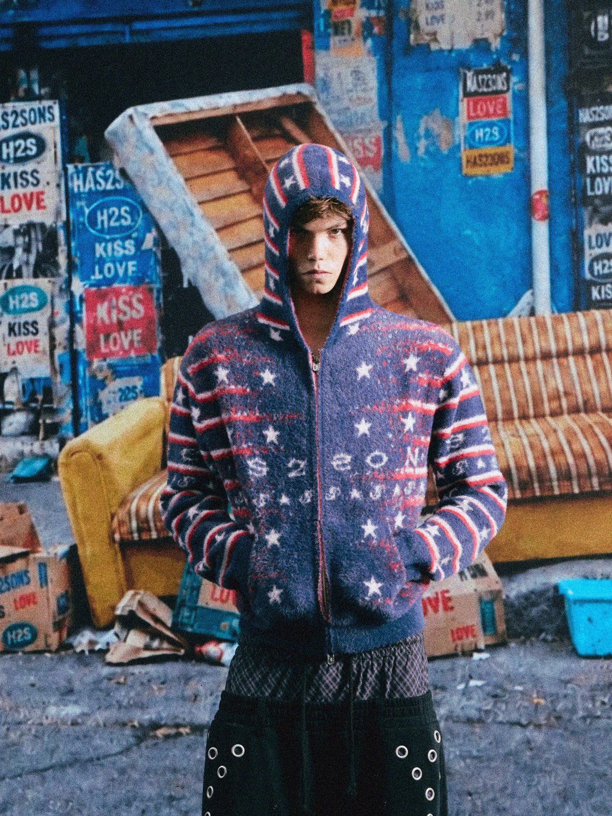 Hooded Knit Cardigan – Star & Stripe Jacquard