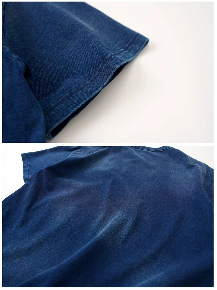 Japanese retro high grammage 320g washed indigo crew neck pullover short sleeve T-shirt English print T-shirt for men and women