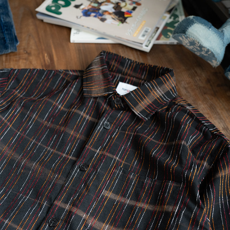 Japanese loose casual colored cotton striped long sleeve shirt