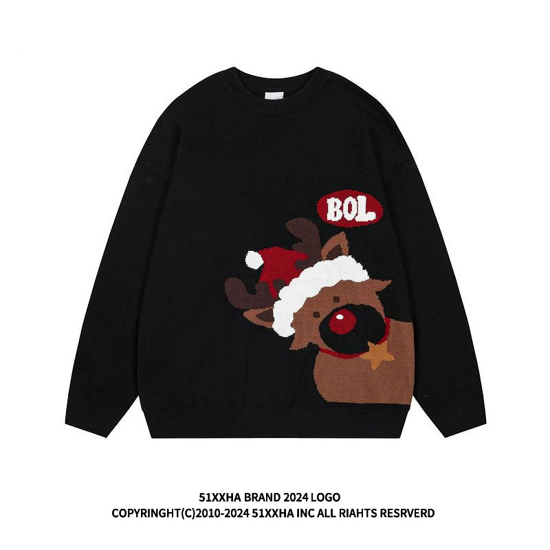 Soft and glutinous design red Christmas sweater for men and women winter atmosphere retro loose round neck sweater