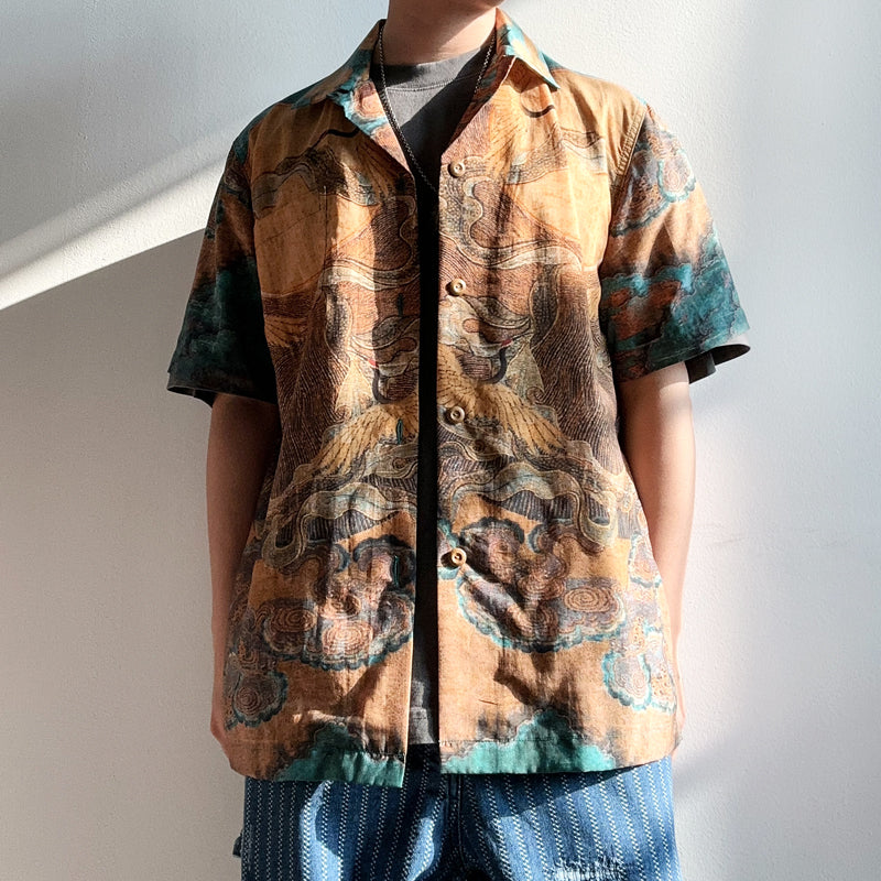 New Chinese style national style crane pattern lyocell tencel ice fabric summer short sleeve shirt shirt men and women