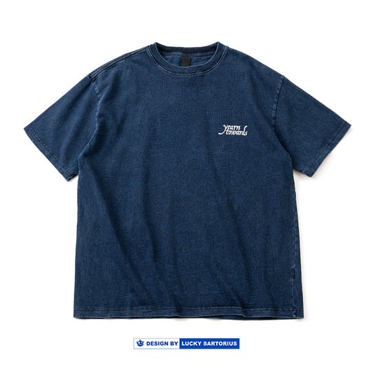 Cotton Indigo washed round collar loose casual short sleeve T-shirt