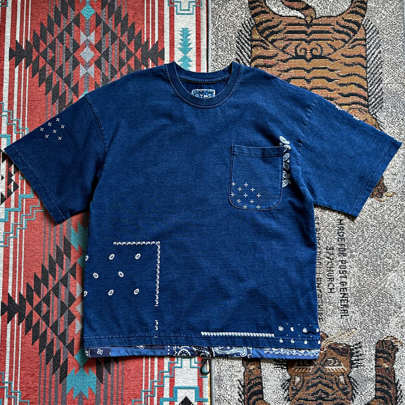 Japanese vintage indigo dyeing process, hem, cashew flower panels, loose short-sleeved T-shirts, men's and women's T-shirts