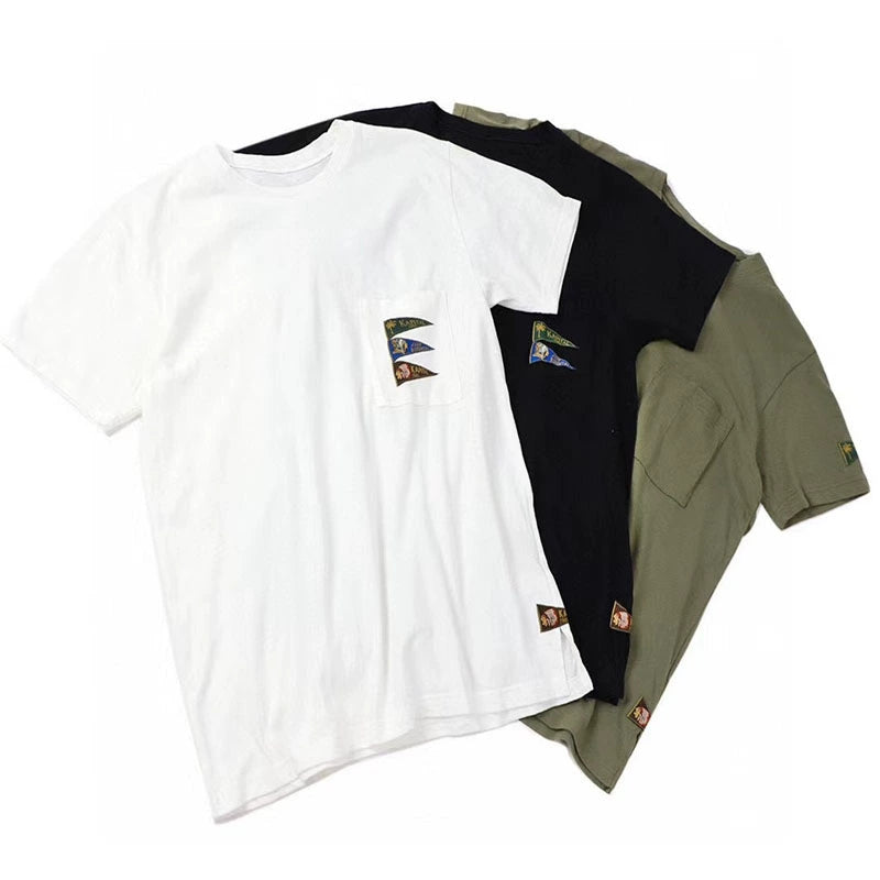 four flags embroidery slub cotton loose trend round neck short-sleeved shirt T-shirt