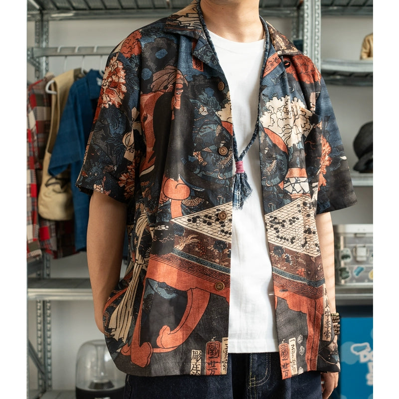 Mikuni Guan Yu cartoon character print summer lyocell ice sense tencel fabric cuban collar short sleeve shirt men and women