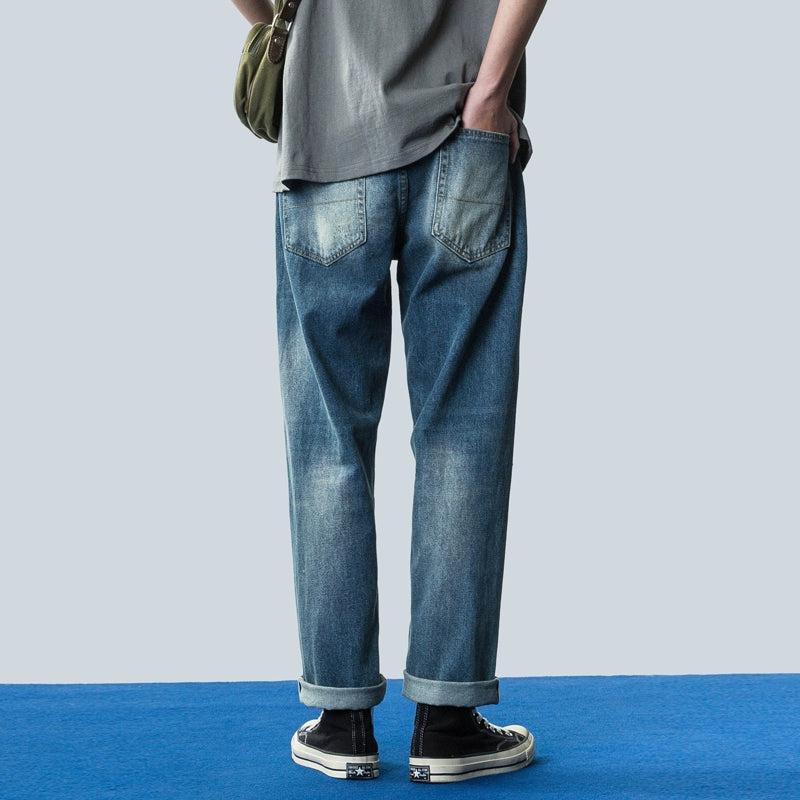 Spring/Summer New Men's Selvedge Bare-Eared Jeans Young Men's Slim Fit Ripped Wash Denim Trousers