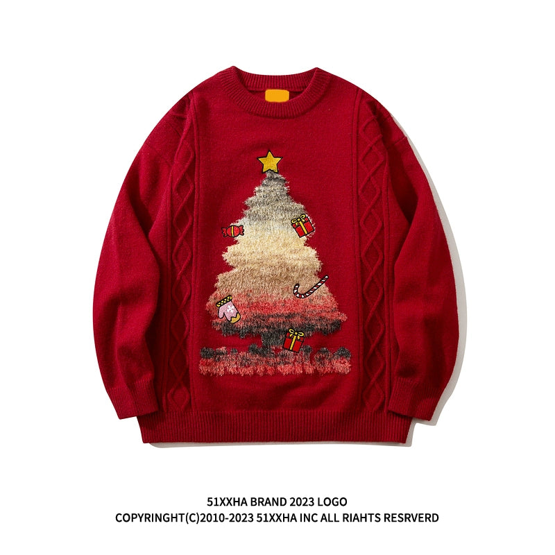 American style fun Christmas tree red sweater men and women autumn and winter design round neck couple sweater