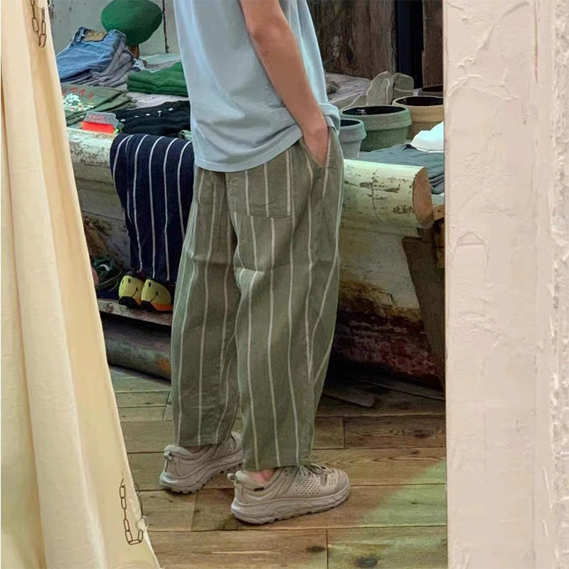 Japanese fashion men's and women's two-color cotton and linen striped breathable casual trousers