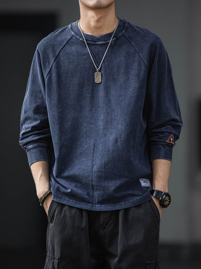 American Retro Heavyweight Washed Long Sleeve T-Shirt – Loose Pure Cotton Spring Autumn Top for Men – Japanese vintage | yamalin clothes | Yamalinclothes