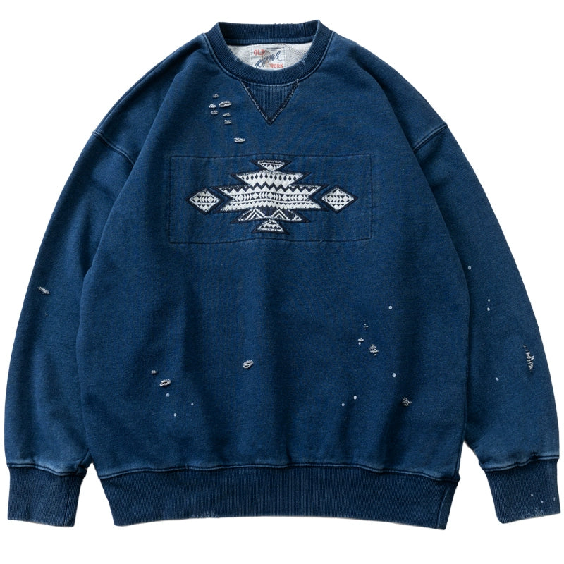 Japanese men's ethnic style patch indigo washed round neck pullover sweatshirt autumn and winter top men's and women's trend