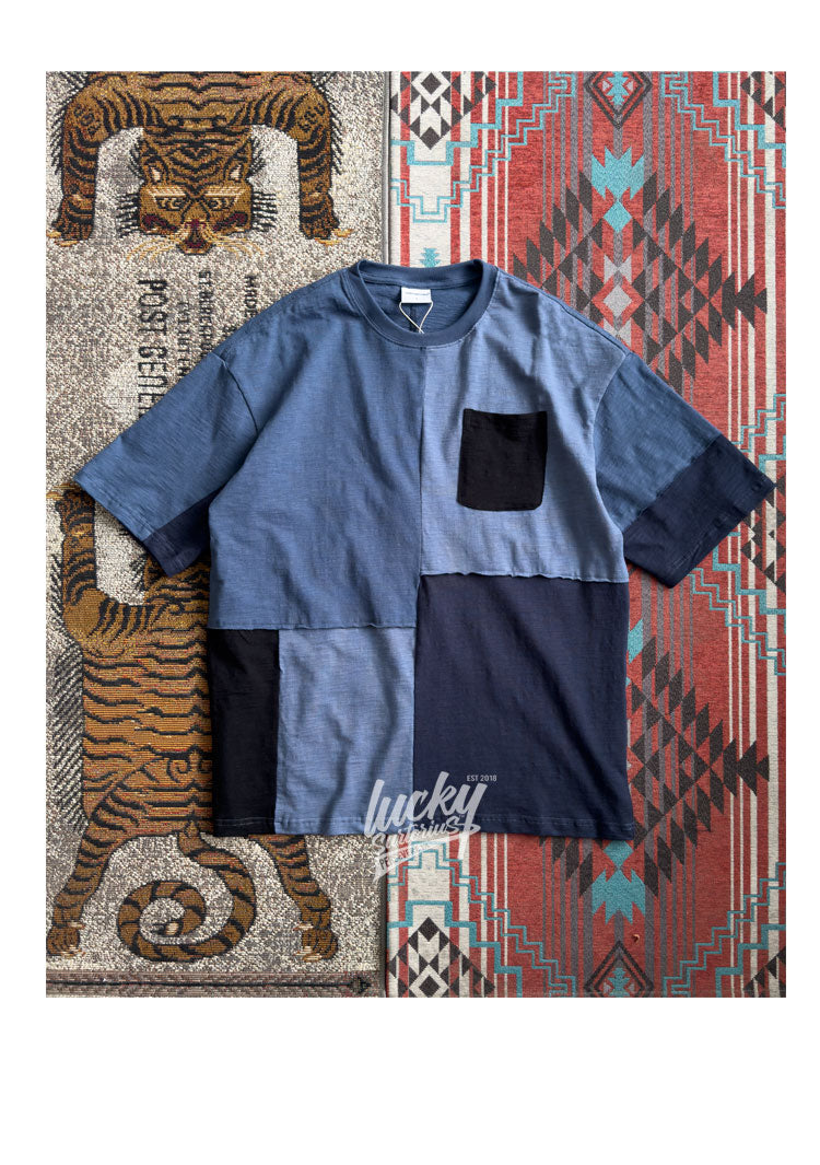 Japanese summer cotton slub cotton contrast stitching loose casual short sleeve T-shirt for men and women