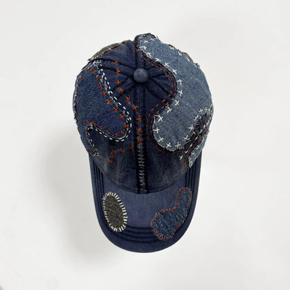 Handmade Boro Patch Distressed Baseball Cap – Japanese Retro Cotton Unisex