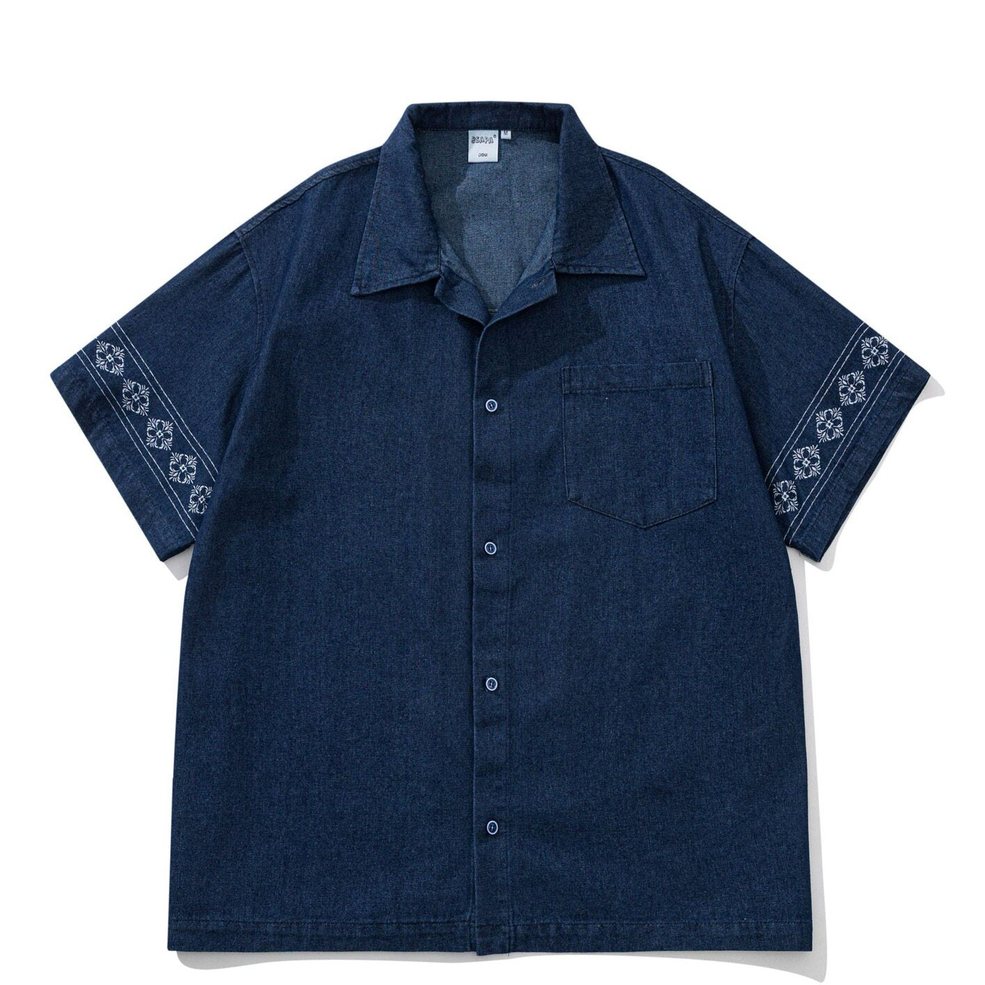 Unisex Japanese Retro Ethnic Embroidered Denim Shirt, Loose Three-Quarter Sleeve Casual Cargo Top