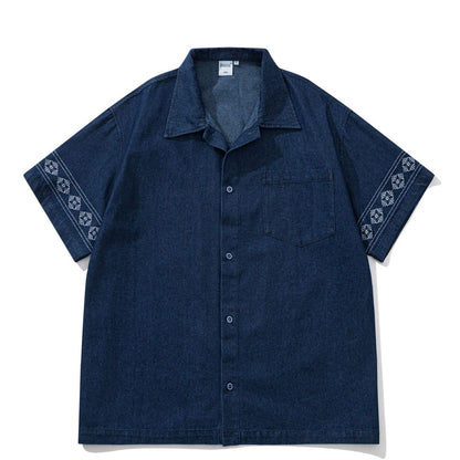 Unisex Japanese Retro Ethnic Embroidered Denim Shirt, Loose Three-Quarter Sleeve Casual Cargo Top
