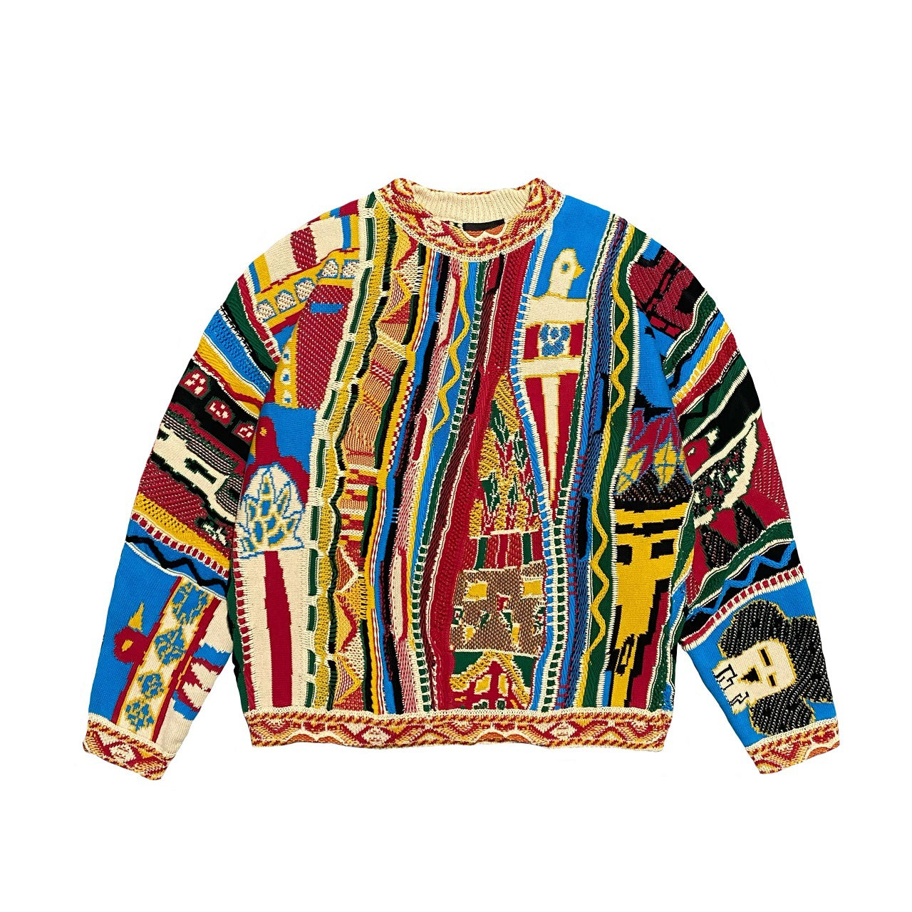 Vintage Contrasting Ethnic Bitter Melon Knit Crew Neck Pullover Sweater Cross Border Jacquard Plus Size