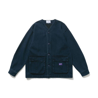 Spring and Autumn Men's Japanese-style Washed Denim Long Sleeve Collarless Trendy Men's Youth | Japanese vintage | yamalin clothes | Yamalinclothes