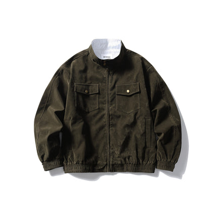 Stripe Patchwork Stand-Collar Harrington Jacket – Oversized Unisex