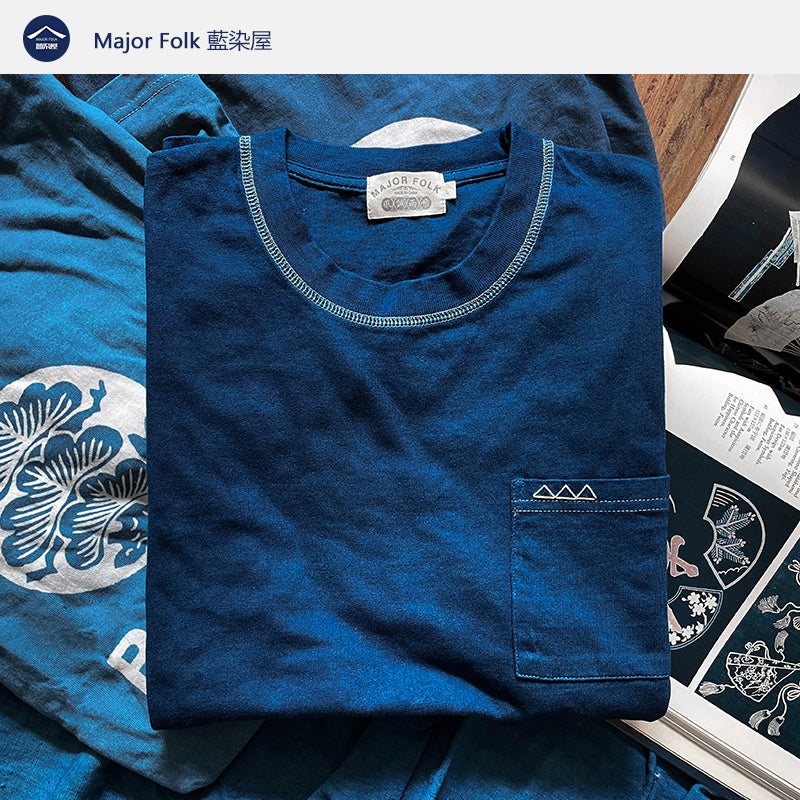 Plant indigo dyeing triangular sashiko embroidery pocket indigo short-sleeved solid color round neck T-shirt indigo men