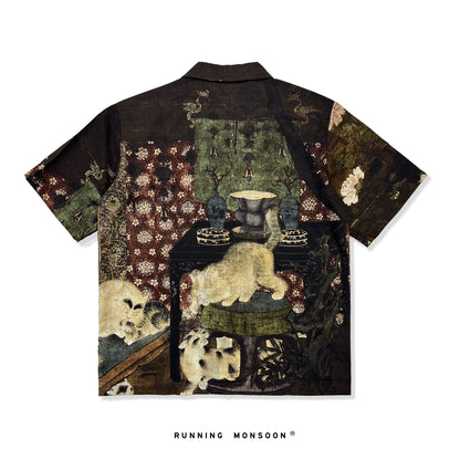 China style Cuban collar tencel shirt short-sleeved Hawaiian flower shirt for couples