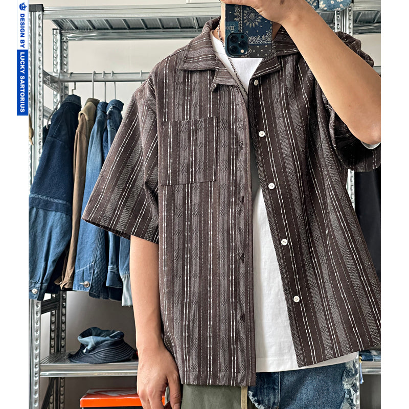 Japanese retro summer men's cotton loose Cuban collar striped short-sleeved shirt
