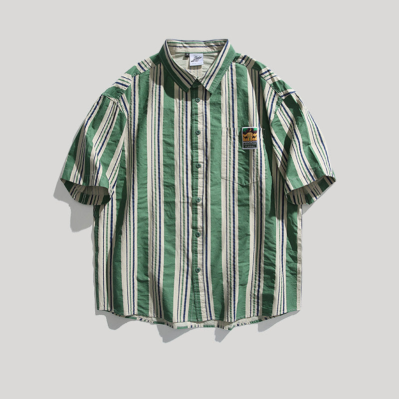 Contrast Vertical Stripe Short Sleeve Shirt – Niche Genderless Casual – Japanese vintage | yamalin clothes | Yamalinclothes
