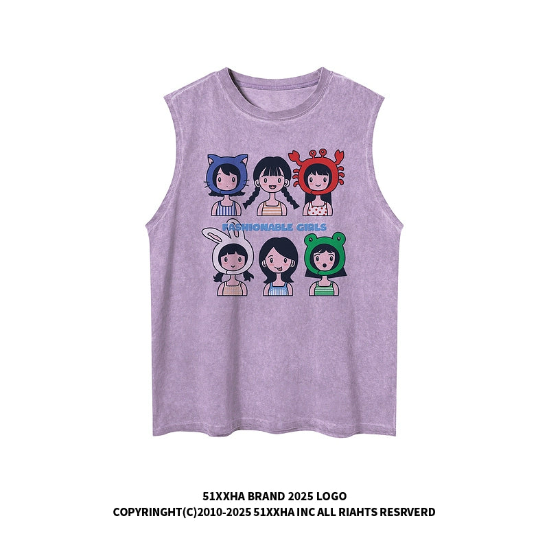 Vintage little girl print vest for men and women summer oversize couple sleeveless T-shirt