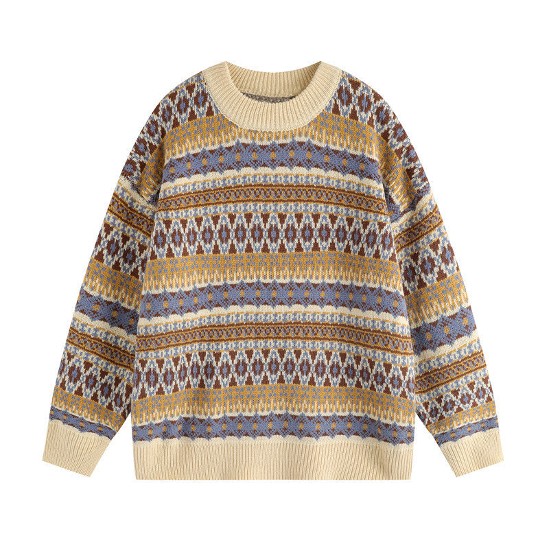 Fair Isle Vintage Knit Sweater – Oversized Unisex Brown Apricot
