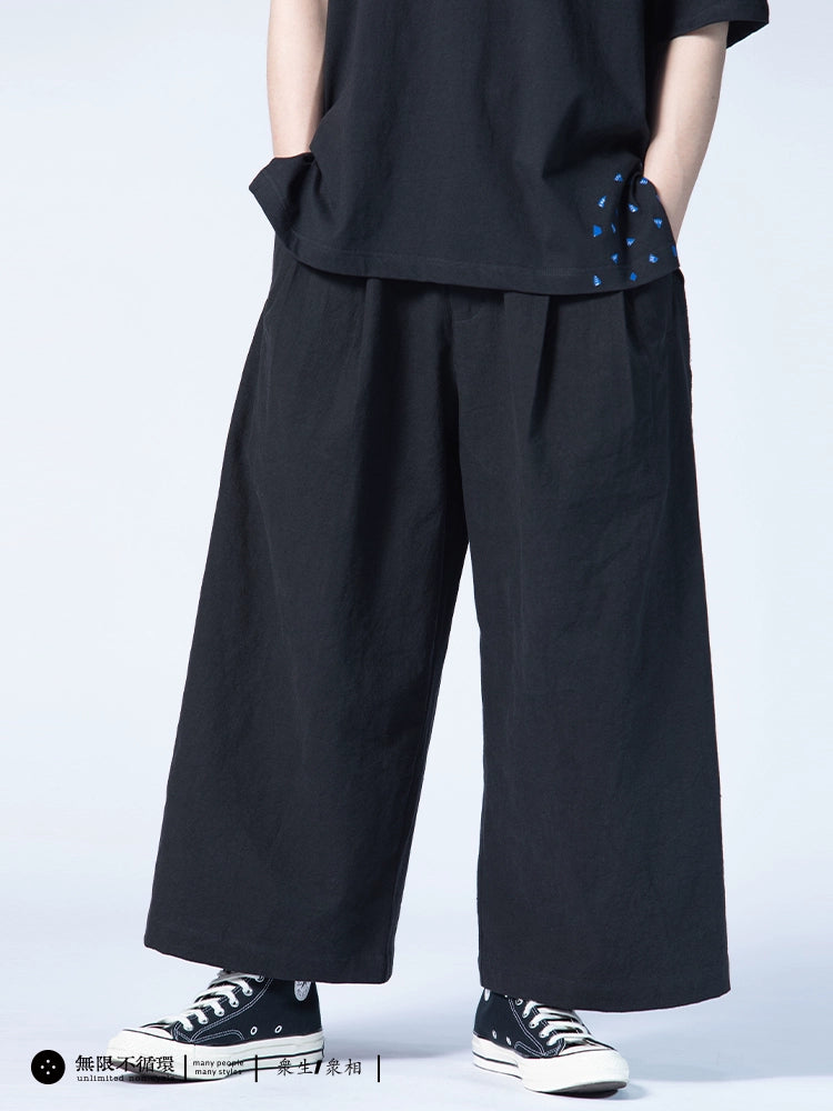 Original design men's casual half elastic waist three-dimensional pleated wide pants N