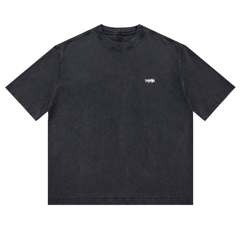 320G Heavyweight Washed Distressed Short Sleeve T-Shirt – Letter Embroidery Vintage Tee for Men – Japanese vintage | yamalin clothes | Yamalinclothes