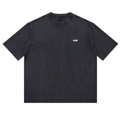 320G Heavyweight Washed Distressed Short Sleeve T-Shirt – Letter Embroidery Vintage Tee for Men – Japanese vintage | yamalin clothes | Yamalinclothes