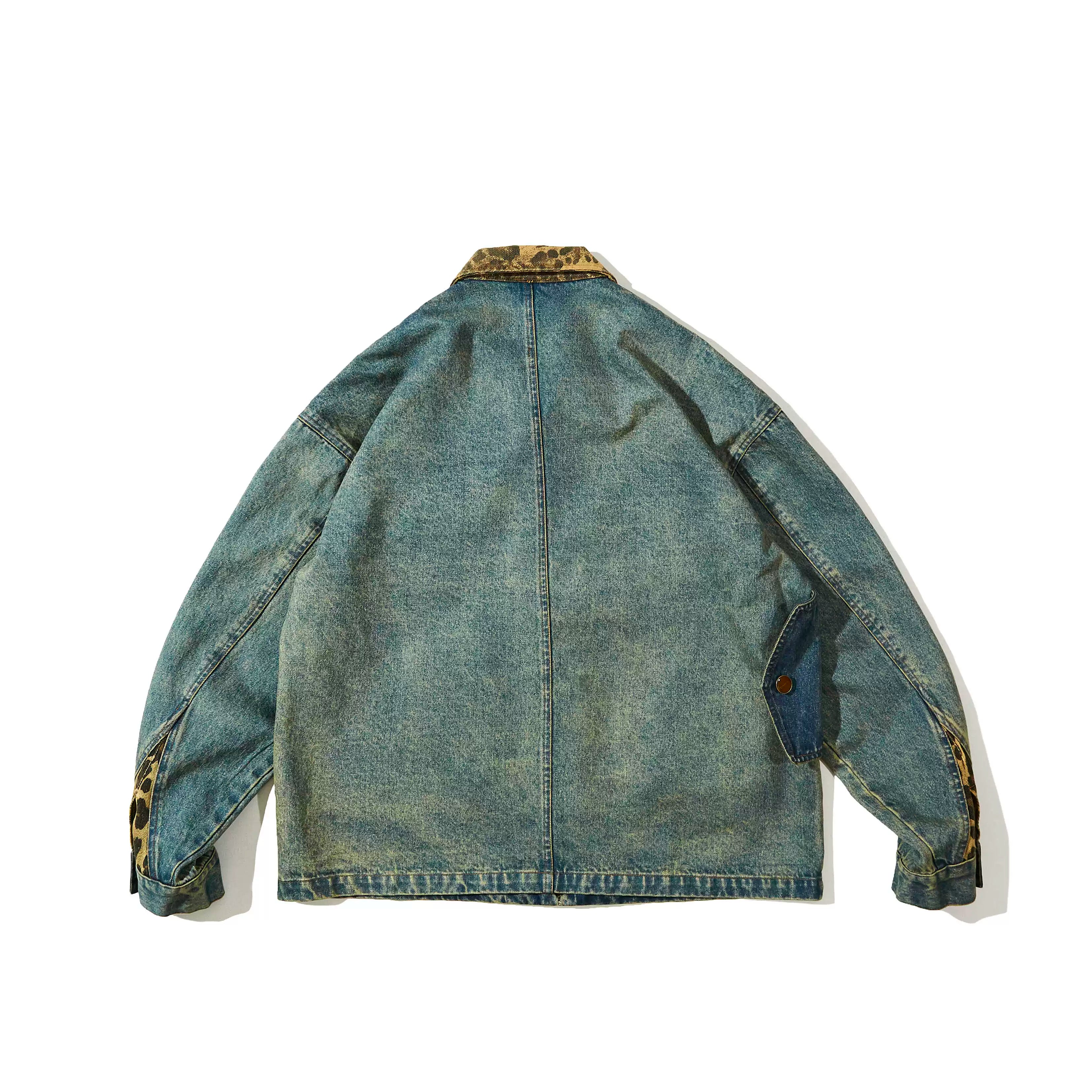 Japanese vintage autumn wash distressed denim jacket men's autumn fashion brand leopard print lapel patchwork embroidered jacket