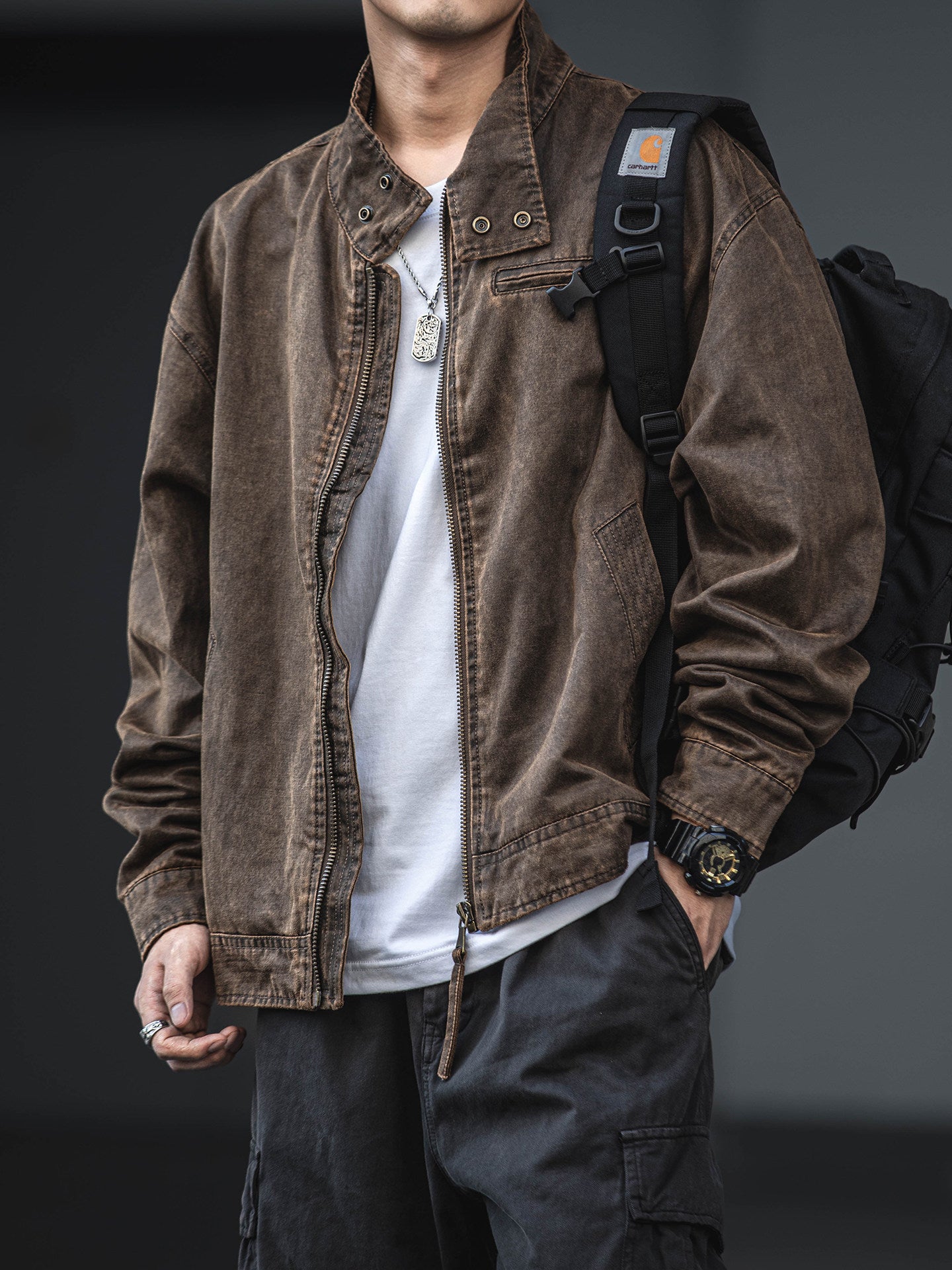 Distressed Oil Wax Cargo Bomber Jacket – Loose Unisex American Streetwear – Japanese vintage | yamalin clothes | Yamalinclothes