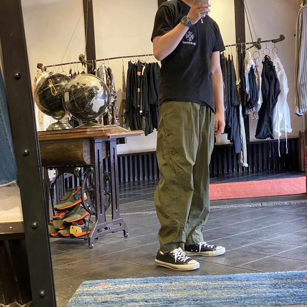 Japanese fashion loose tapered army green buckle military style casual pants