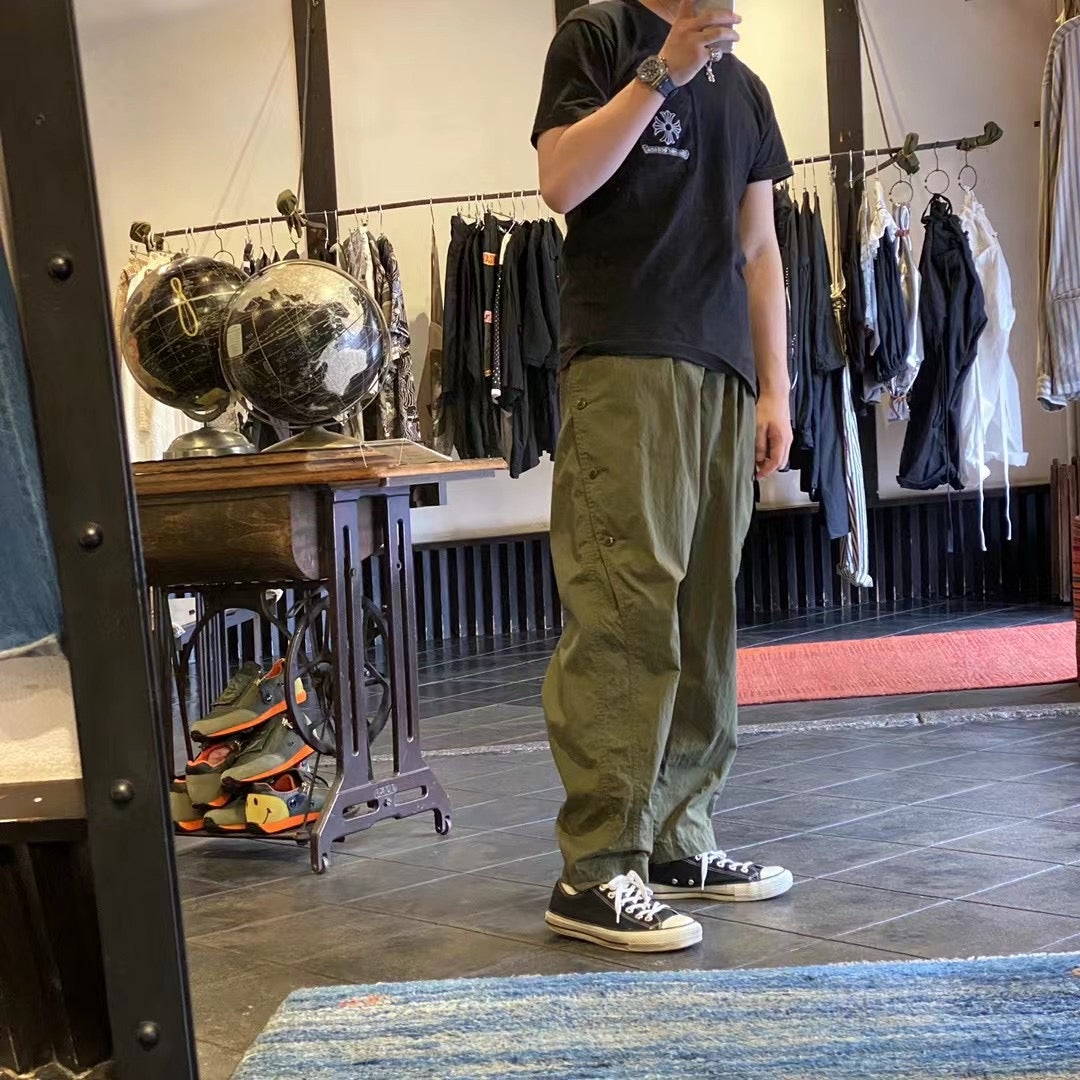 Japanese fashion loose tapered army green buckle military style casual pants