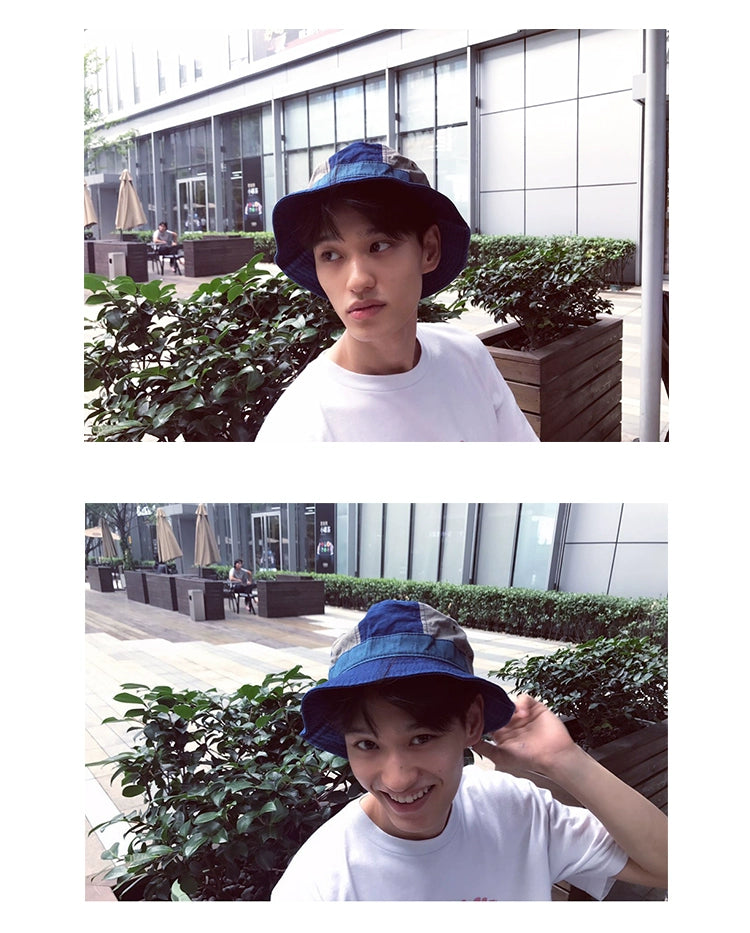 Handmade ancient method plant dyeing multi-plant dyeing splicing fisherman hat flat-top basin hat