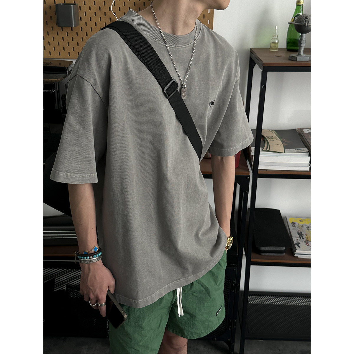 320G Heavyweight Washed Distressed Short Sleeve T-Shirt – Letter Embroidery Vintage Tee for Men – Japanese vintage | yamalin clothes | Yamalinclothes