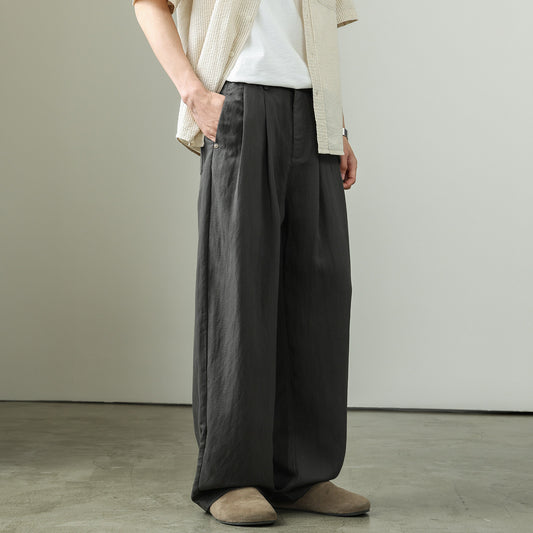 Draped Lyocell slacks men's summer thin Tencel linen pants men's loose wide-leg straight ice silk pants