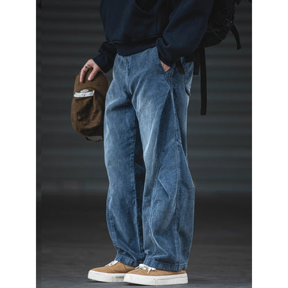 Men’s Straight Corduroy Cargo Pants – Loose Casual Retro Distressed Blue Cotton Streetwear – Japanese vintage | yamalin clothes | Yamalinclothes