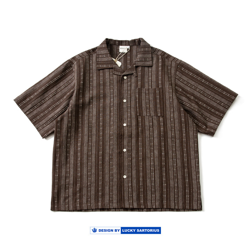 Japanese retro summer men's cotton loose Cuban collar striped short-sleeved shirt