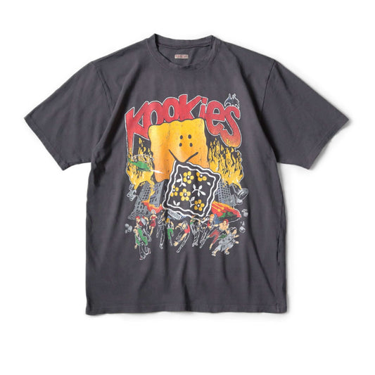 Japanese batik wash distressed cracked fun print crew neck loose T