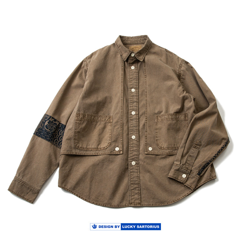 Fake two-piece ethnic style elbow splicing long-sleeved shirt coat for men