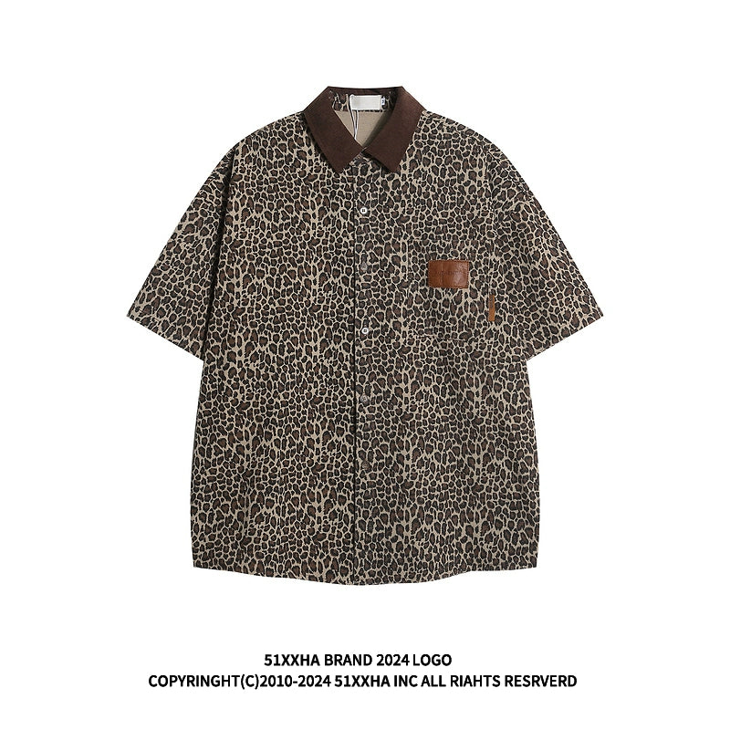 hip-hop American retro vintage leopard print polo collar denim short-sleeved men's and women's trendy brand fried street heavy shirts